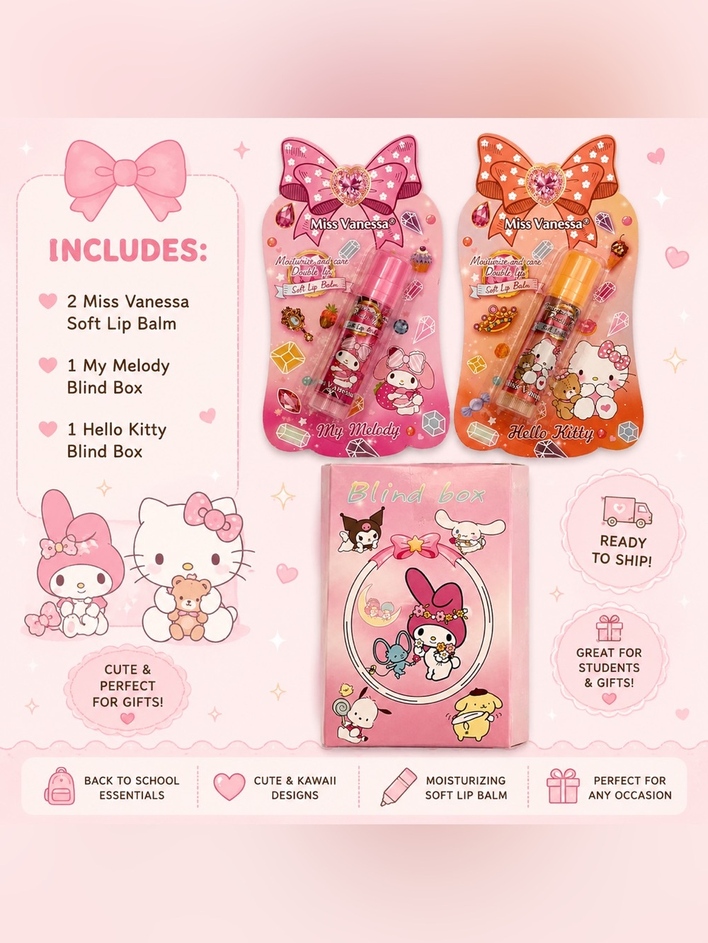 My Melody & Hello Kitty Lip Balm Duo w/Blind Box figurine -NEW